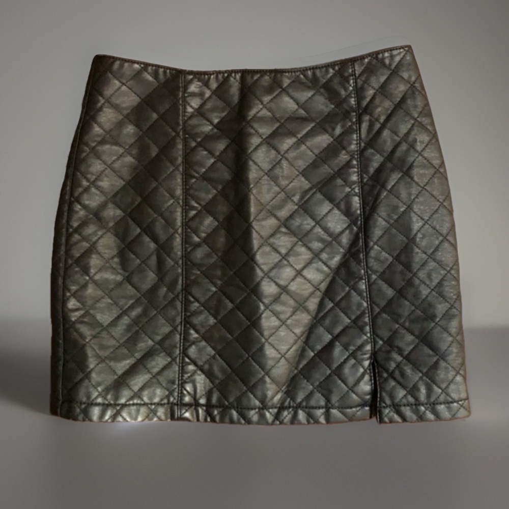Black Faux Leather Quilted Slit Mini Skirt XS S